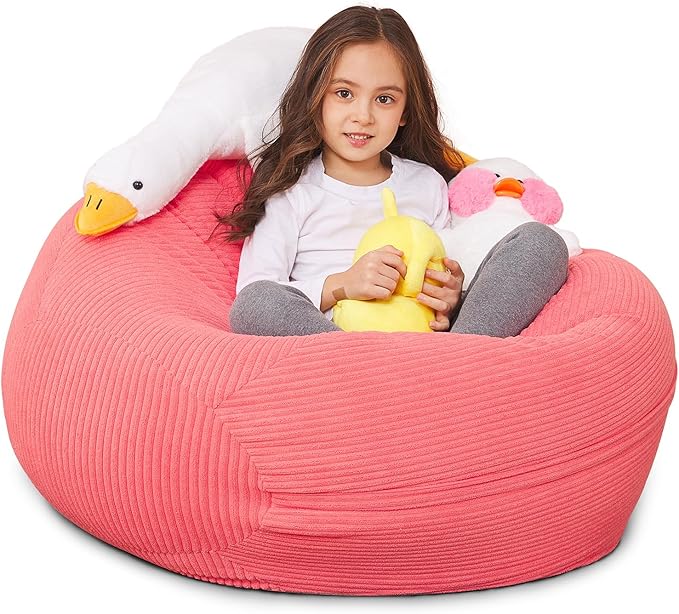Stuffed Animal Storage Bean Bag Chair Cover for Kids, 38" Beanbag Chairs Cover Plush Toys Organizer Super Soft Corduroy with Handle and Zipper for Boys and Girls - Pink - LeafyLoom