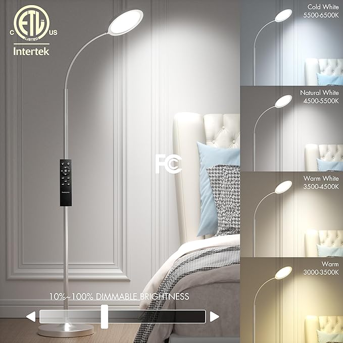 Silver Floor Lamp,Super Bright Dimmable LED Floor Lamps for Living Room, Custom Color Temperature Standing Lamp with Remote Push Button, Adjustable Gooseneck Reading Floor Lamp for Bedroom Office - LeafyLoom