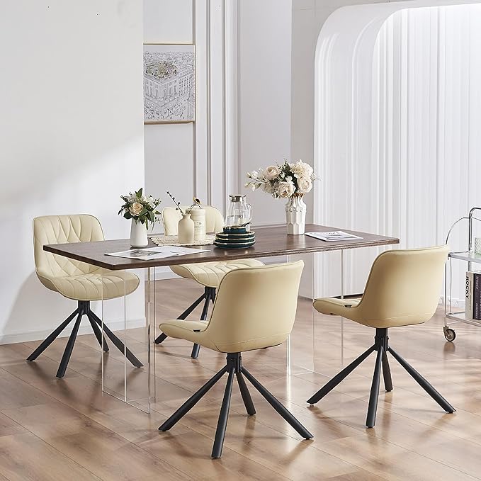 YOUNUOKE Upholstered Dining Chairs Set of 2 Comfortable Mid Century Modern Kitchen Chair with Sturdy Metal Legs Faux Leather Dinner Chairs for Kitchen Dining Room, Beige - LeafyLoom