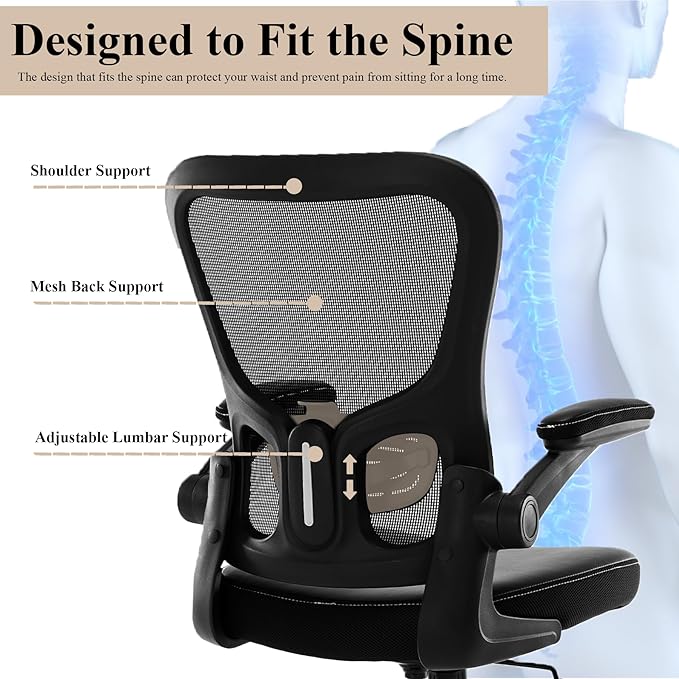 Office Chair,Ergonomic Desk Chair,Mesh Computer Chair with PU Leather Flip-up Armrest,Home Office Chair with Lumbar Support,Adjustable Executive Mid Back Task Chair,Rolling Swivel Office Chairs,Black - LeafyLoom