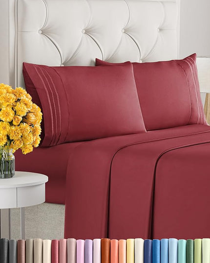 Cal King Size 4 Piece Sheet Set - Comfy Breathable & Cooling Sheets - Hotel Luxury Bed Sheets for Women & Men - Deep Pockets, Easy-Fit, Soft & Wrinkle Free Sheets - Burgundy Oeko-Tex Bed Sheet Set - LeafyLoom