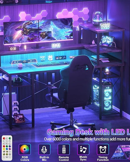 Cyclysio 55 inch Gaming Desk with LED Light, Adjustable Computer Desk with Storage Shelves, Home Office Desk with Power Outlets, Computer Gaming Desk with Long Monitor Stand for Small Space, Grey - LeafyLoom