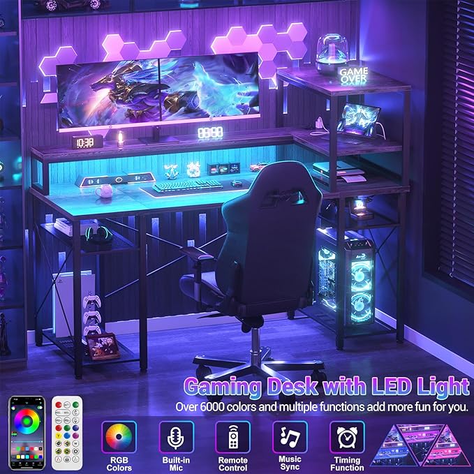 Cyclysio 55 inch Gaming Desk with LED Light, Adjustable Computer Desk with Storage Shelves, Home Office Desk with Power Outlets, Computer Gaming Desk with Long Monitor Stand for Small Space, Grey - LeafyLoom