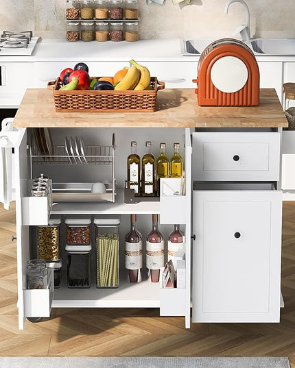 Kitchen Island with Drop Leaf,53.9" W Rolling Mobile Kitchen Cart W/Storage Rack,3 Tier Pull Out Cabinet Organizer,Spice-Rack&Towel-Rack,for Dining Room,Home Bar,White - LeafyLoom