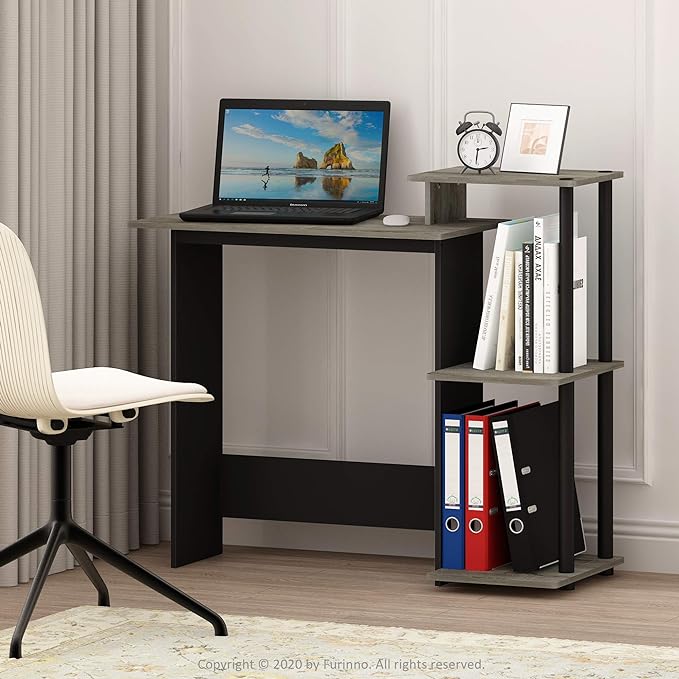 Furinno Efficient Home Laptop Notebook Computer Desk with Square Shelves, French Oak Grey/Black - LeafyLoom