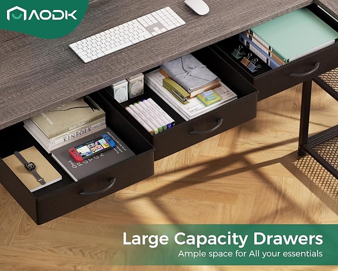 AODK 53 Inch L Shaped Computer Desk with Drawers, Corner Desk with Power Outlets & Reversible Storage Shelves, Movable CPU Stand for Home Office Gaming, Oak Grey - LeafyLoom