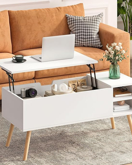 White Lift Top Coffee Table, Wood Coffee Table with Lifting Top Storage, Mid-Century Modern Coffee Table for Living Room, Small Space - LeafyLoom