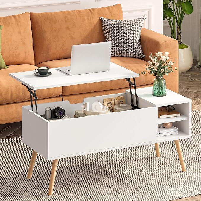 White Lift Top Coffee Table, Wood Coffee Table with Lifting Top Storage, Mid-Century Modern Coffee Table for Living Room, Small Space - LeafyLoom