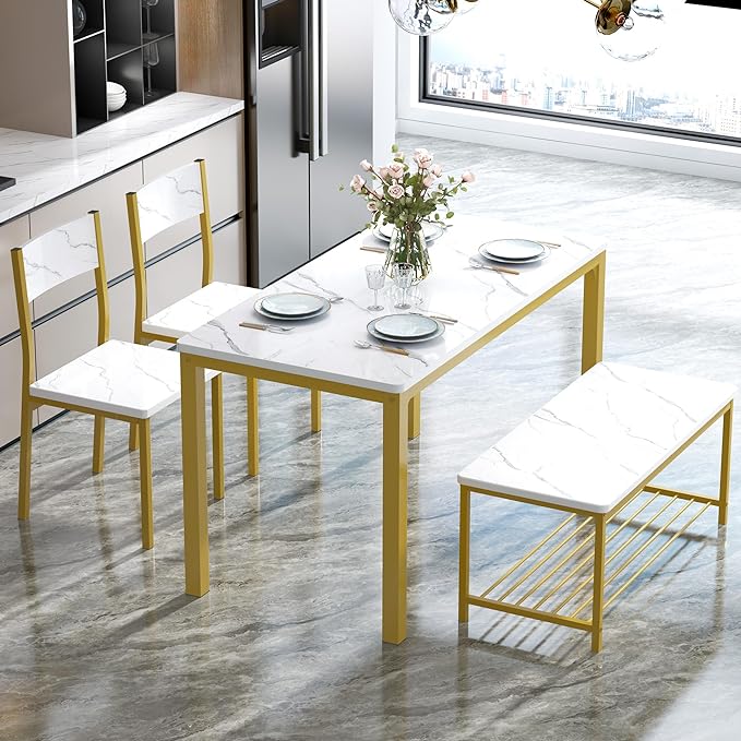soges 4 Person Dining Table Set,43.3 inch Kitchen Table Set for 4,2 Chairs with Backrest,2-Person Bench with Storage Rack,Nesting Furniture Set for Dining Room and Restaurant, White Gold - LeafyLoom