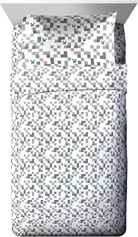 Minecraft Creeper Full Comforter Set - 7 Piece Gamer Bedding includes Sheet Set & Pillow Covers - Super Soft Checkered Kids Bedding - LeafyLoom