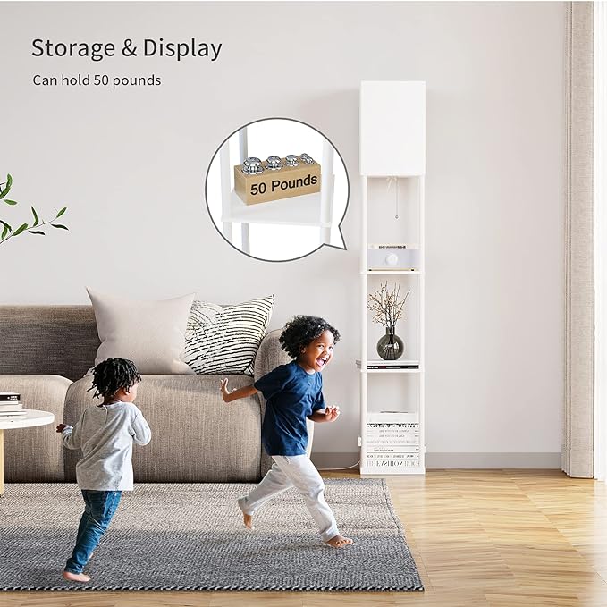 SUNMORY Shelf Floor Lamp with 3-Way Dimmable LED Bulb, Modern Square Standing Lamp with Shelves and White Shade, Corner Display Bookshelf Lamp for Living Room and Bedroom(White) - LeafyLoom