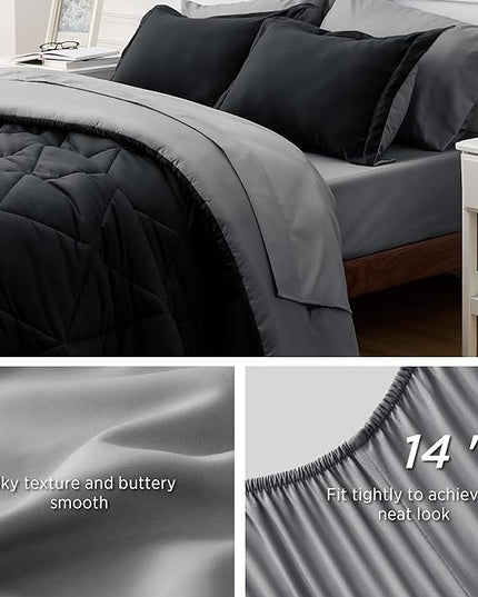Bedsure Black Full Size Comforter Sets - 7 Pieces Reversible Comforter Set Full Bed in a Bag with Comforters, Sheets, Pillowcases & Shams, Full Bedding Sets - LeafyLoom