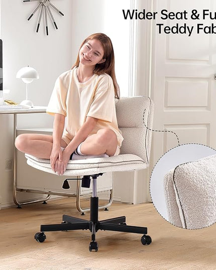 EMIAH Armless Office Desk Chair with Wheels Faux Fur Vanity Mid-Back Ergonomic Home Computer Comfortable Adjustable Swivel Furry Task Chair with Thickened Cushion - LeafyLoom