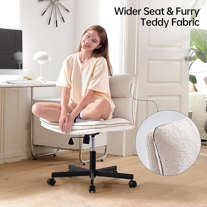 EMIAH Armless Office Desk Chair with Wheels Faux Fur Vanity Mid-Back Ergonomic Home Computer Comfortable Adjustable Swivel Furry Task Chair with Thickened Cushion - LeafyLoom