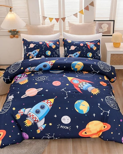Aimuan Twin Comforter Set Kids Space Rocket Bedding Set Super Soft & Cute Aliens UFO Printed for Teen Boys Girls (Navy, Twin) - LeafyLoom