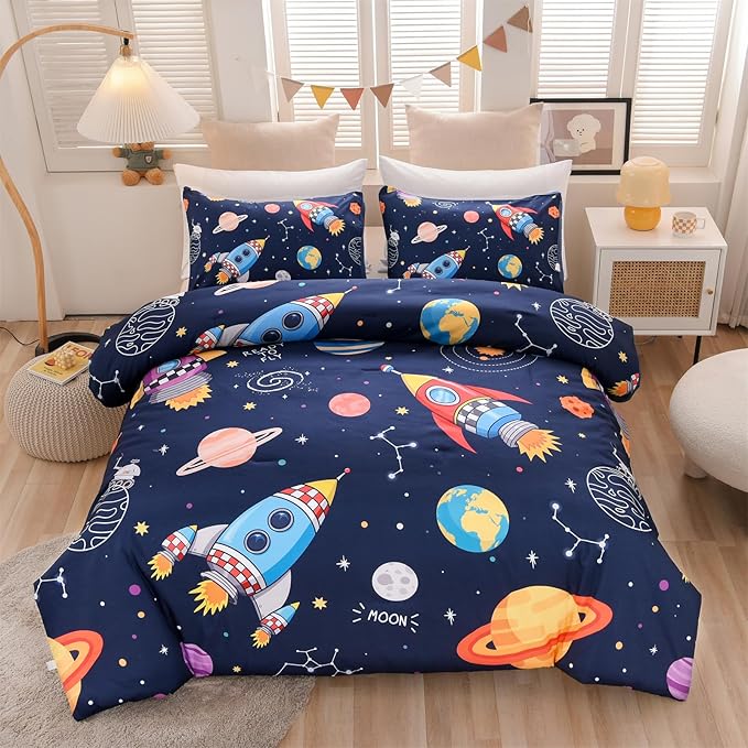Aimuan Twin Comforter Set Kids Space Rocket Bedding Set Super Soft & Cute Aliens UFO Printed for Teen Boys Girls (Navy, Twin) - LeafyLoom