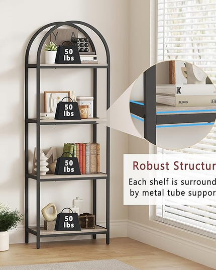 Yusong Bookshelf 4 Tier Arched Bookcase, 71.3" Tall Industrial Open Book Shelves for Living Room, Modern Freestanding Display Shelving Storage Rack Metal Frame, Office, Bedroom, Grey - LeafyLoom