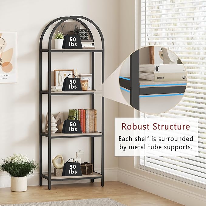 Yusong Bookshelf 4 Tier Arched Bookcase, 71.3" Tall Industrial Open Book Shelves for Living Room, Modern Freestanding Display Shelving Storage Rack Metal Frame, Office, Bedroom, Grey - LeafyLoom