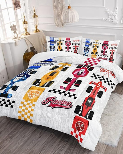 Axolotl Racing Car Comforter Set Full Size,Colorful Sports Car Bedding Set for Kids Boys Teen Adult,Extreme Speed Race Bedding Sets Car Theme Bedroom Decor with 1 Comforter and 2 Pillowcases - LeafyLoom
