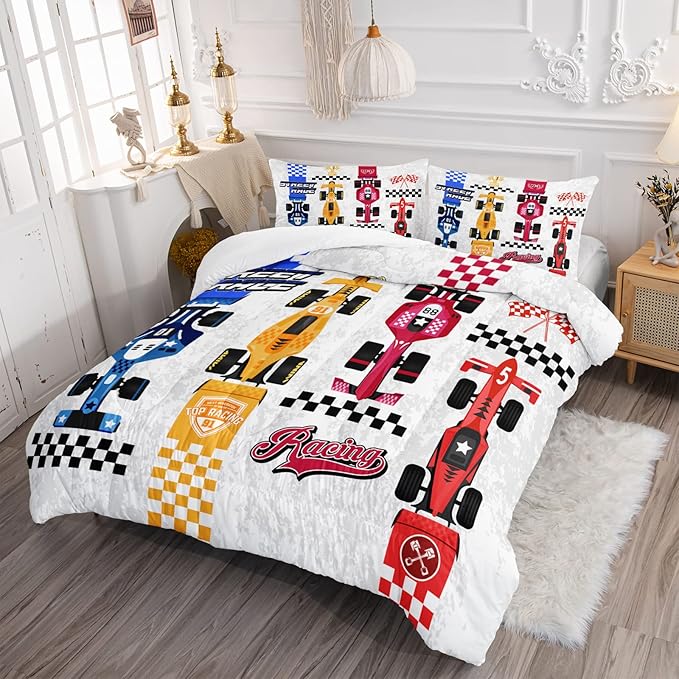 Axolotl Racing Car Comforter Set Full Size,Colorful Sports Car Bedding Set for Kids Boys Teen Adult,Extreme Speed Race Bedding Sets Car Theme Bedroom Decor with 1 Comforter and 2 Pillowcases - LeafyLoom