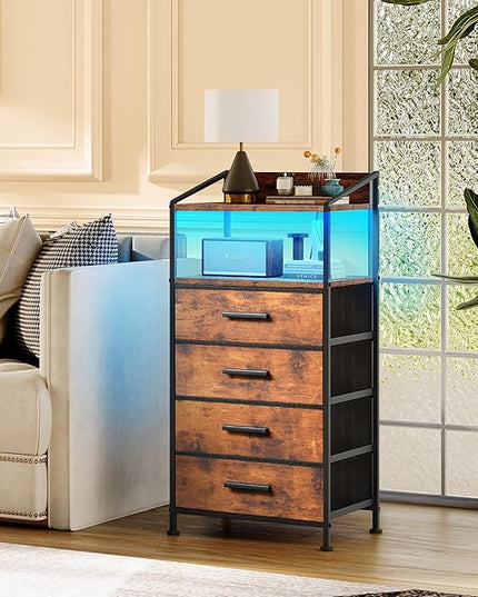 Nightstand 4 Drawer Dresser with LED Lights and Charging Station, Vertical Side Table with Fabric Drawers, End Table with Open Shelf, Tall Dresser for Bedroom, Hallway, Entryway, Rustic Brown - LeafyLoom