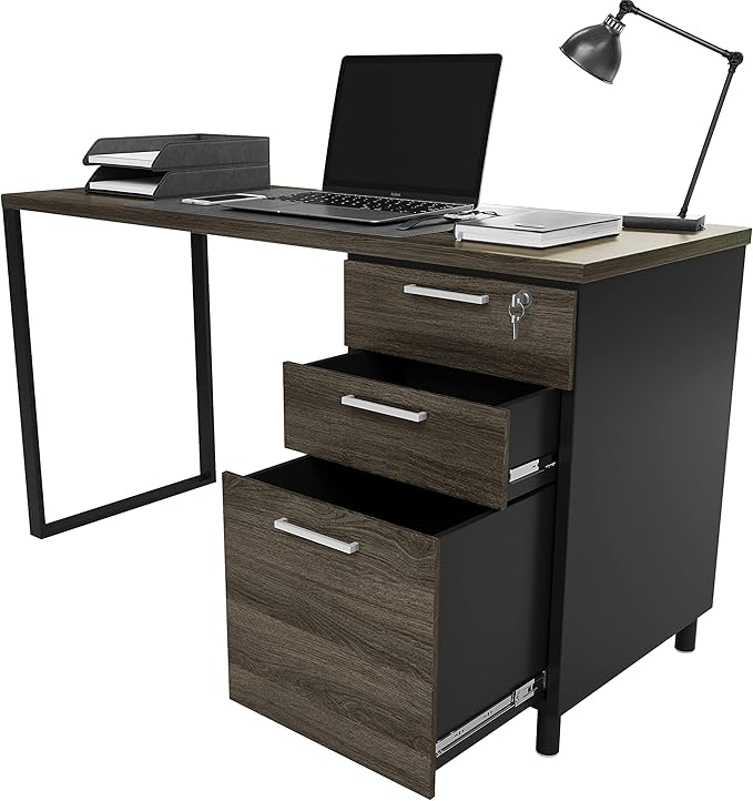 Milano Home Office Desk - 47Inch Space Grey/Black Home Office Desk with Drawers - Modern Computer Desk with Storage, Detachable & Lockable Computer Cabinet - Wooden Office, Study, and Writing Table - LeafyLoom