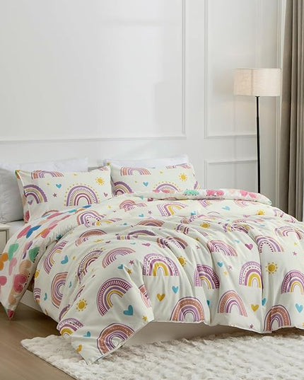 Btargot Lightweight Soft 3 Piece Rainbow Comforter Set with 2 Pillow Covers, Cartoon Love Hearts Suns and Stars Bedding Set for Girls Boys Kids, Full Purple - LeafyLoom