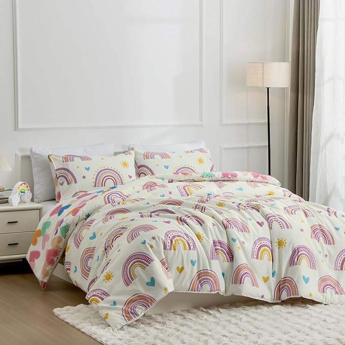 Btargot Lightweight Soft 3 Piece Rainbow Comforter Set with 2 Pillow Covers, Cartoon Love Hearts Suns and Stars Bedding Set for Girls Boys Kids, Full Purple - LeafyLoom