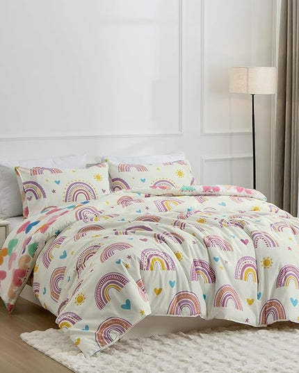 Btargot Lightweight Soft 3 Piece Rainbow Comforter Set with 2 Pillow Covers, Cartoon Love Hearts Suns and Stars Bedding Set for Girls Boys Kids, Queen Purple - LeafyLoom