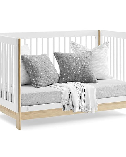 Delta Children babyGap Tate 4-in-1 Convertible Crib + Brannan Bear Bookcase with Bins + Brannan Bear Wall Shelf with 4 Hooks, Bianca White/Natural (Bundle) - LeafyLoom