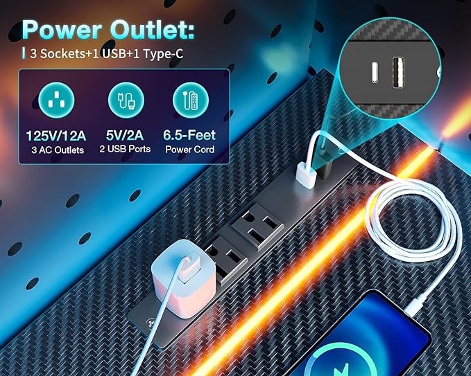 MOTPK Gaming Desk with LED Lights & Power Outlet, Computer Desk 55inch for Small Space, Cheap Gaming Table with Carbon Fiber Texture, Kids Desk Gift for Boys Men, Black - LeafyLoom