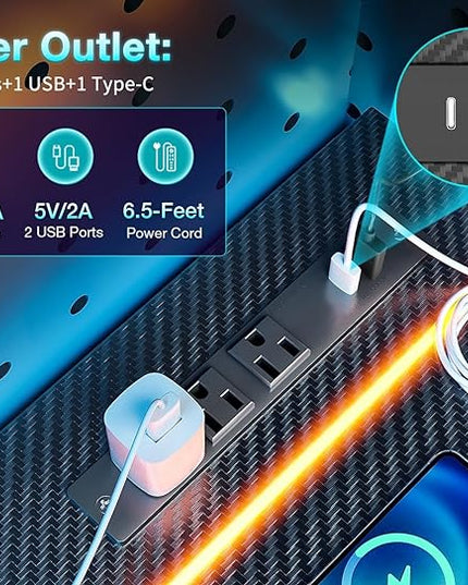 MOTPK Gaming Desk with LED Lights & Power Outlet, Computer Desk 47inch for Small Space, Cheap Gaming Table with Carbon Fiber Texture, Kids Desk Gift for Boys Men, Black - LeafyLoom