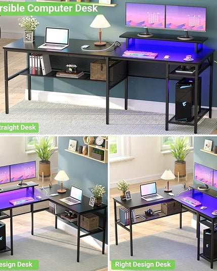 Unikito L Shaped Desk, Reversible Corner Computer Desk with Magic Power Outlets and Smart LED Light, Unique Grid Design, 55 Inch Office Desk with Monitor Stand and Storage Shelf, Black - LeafyLoom