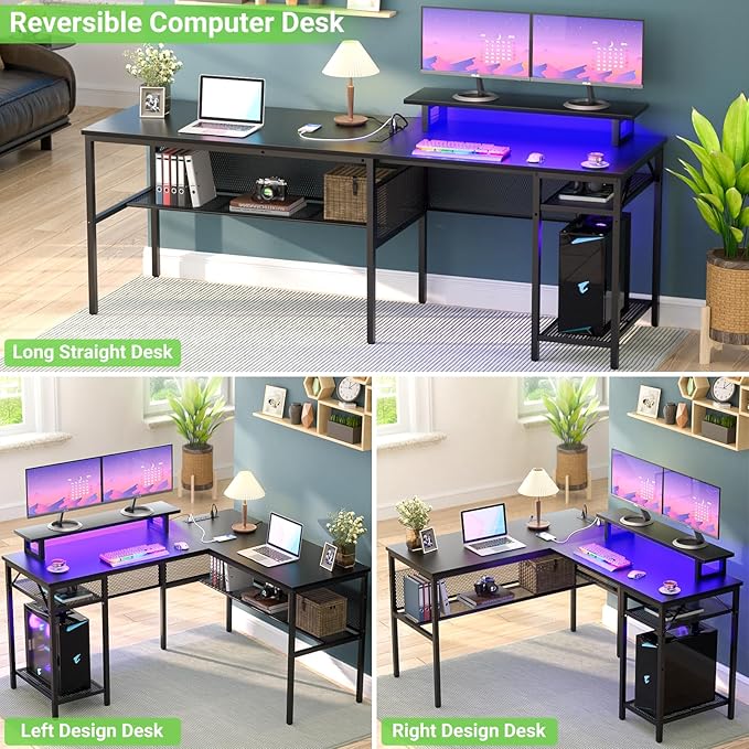 Unikito L Shaped Desk, Reversible Corner Computer Desk with Magic Power Outlets and Smart LED Light, Unique Grid Design, 55 Inch Office Desk with Monitor Stand and Storage Shelf, Black - LeafyLoom