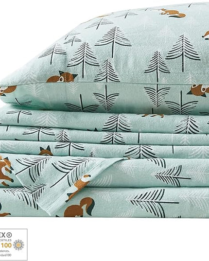Comfort Spaces Cotton Flannel Breathable Warm, Deep Pocket Sheets with Pillow Case Bedding, Queen, Seafoam Foxes 4 Piece - LeafyLoom