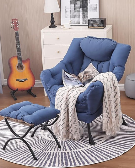 Lazy Chair and Ottoman, Large Accent Lounge Chair with Armrests and a Side Pocket, Modern Leisure Upholstered Sofa Reading Armchair with Footrest for Bedroom, Living Room, Dorm Rooms, Office - LeafyLoom