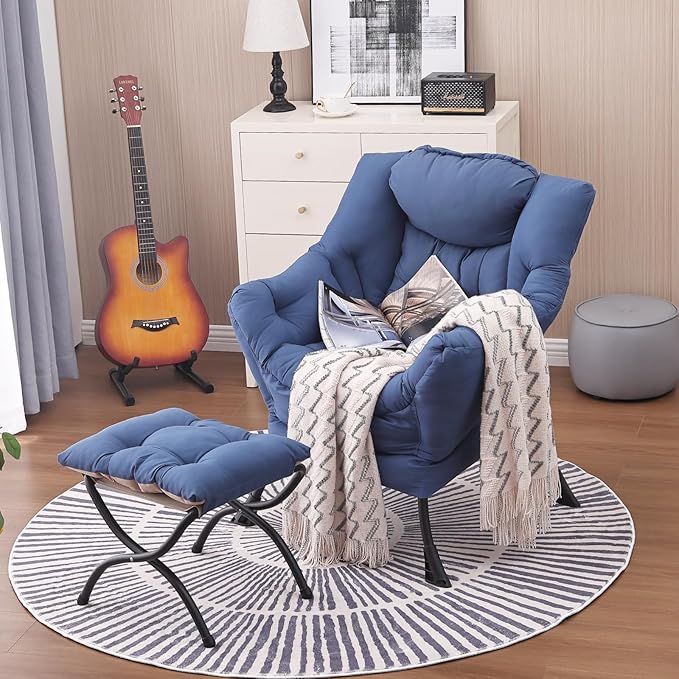 Lazy Chair and Ottoman, Large Accent Lounge Chair with Armrests and a Side Pocket, Modern Leisure Upholstered Sofa Reading Armchair with Footrest for Bedroom, Living Room, Dorm Rooms, Office - LeafyLoom