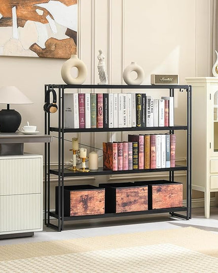 HCHQHS Bookshelf, 4-Tier Industrial Bookcase, Black Open Book Shelf, Freestanding Tall Bookshelves with Metal Frame - LeafyLoom