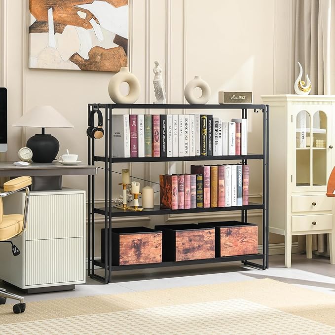 HCHQHS Bookshelf, 4-Tier Industrial Bookcase, Black Open Book Shelf, Freestanding Tall Bookshelves with Metal Frame - LeafyLoom