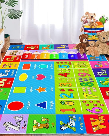Kids Alphabet Play Game Rug - 6'x9' ABC Numbers and Shapes Educational Learning Toddler Carpet - Kids Room Playroom Classroom Kindergarten Activity Fun Soft Non-Slip Mat - LeafyLoom