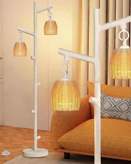 WIHTU 2 Light Tall Floor Lamps for Living Room Bright Lighting, Vintage Standing Lamp for Bedroom, White LED Pole Lamp floor with Wood Bamboo Woven Shades, Tree Corner Light for Home Decor - LeafyLoom