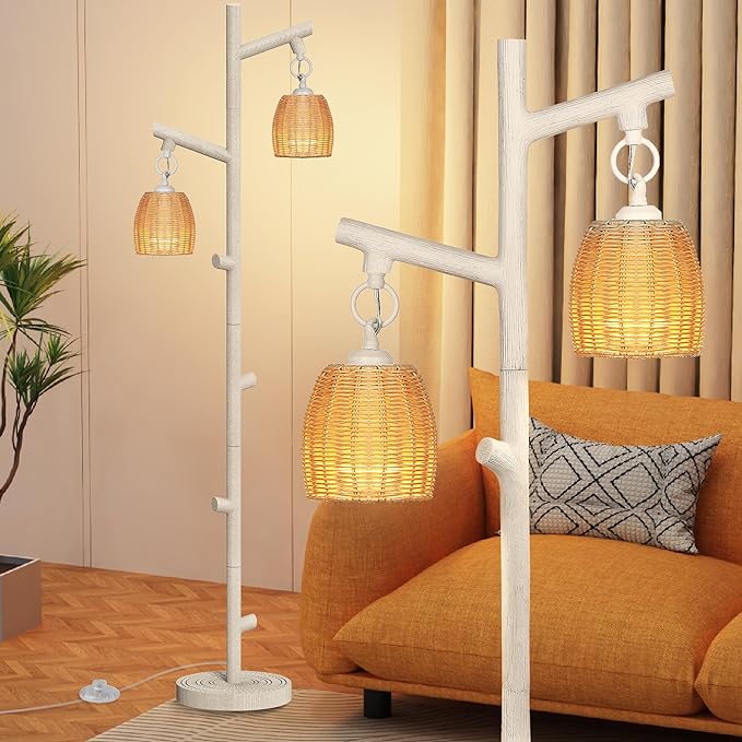 WIHTU 2 Light Tall Floor Lamps for Living Room Bright Lighting, Vintage Standing Lamp for Bedroom, White LED Pole Lamp floor with Wood Bamboo Woven Shades, Tree Corner Light for Home Decor - LeafyLoom