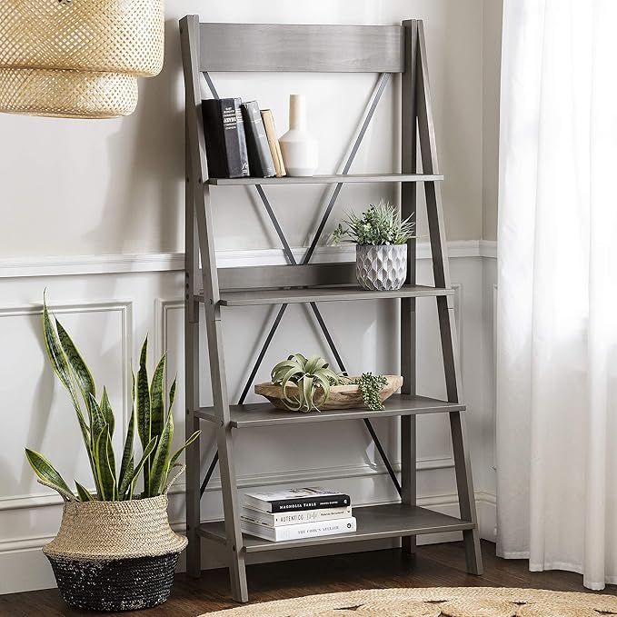 Walker Edison X Back Modern Farmhouse Wood Bookcase Bookshelf Home Office Living Room Storage, 4 Shelves, Grey - LeafyLoom