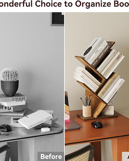 SUNMORY 4 Tier Tree Bookshelf, Small Bookcase, Modern Narrow Bookshelves Organizer, Floor Standing Book Shelf for Bedroom/Living Room/Home Office/Corner, Brown - LeafyLoom
