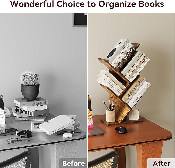 SUNMORY 4 Tier Tree Bookshelf, Small Bookcase, Modern Narrow Bookshelves Organizer, Floor Standing Book Shelf for Bedroom/Living Room/Home Office/Corner, Brown - LeafyLoom