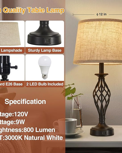 Table Lamp for Bedroom Set of 2 with USB C+A Ports, Modern Bedside Lamps with Spiral Cage Base, Fabric Shade, Nightstand Lamp for Living Room Reading Bed Side End Table, 2 LED Bulbs Included Black - LeafyLoom