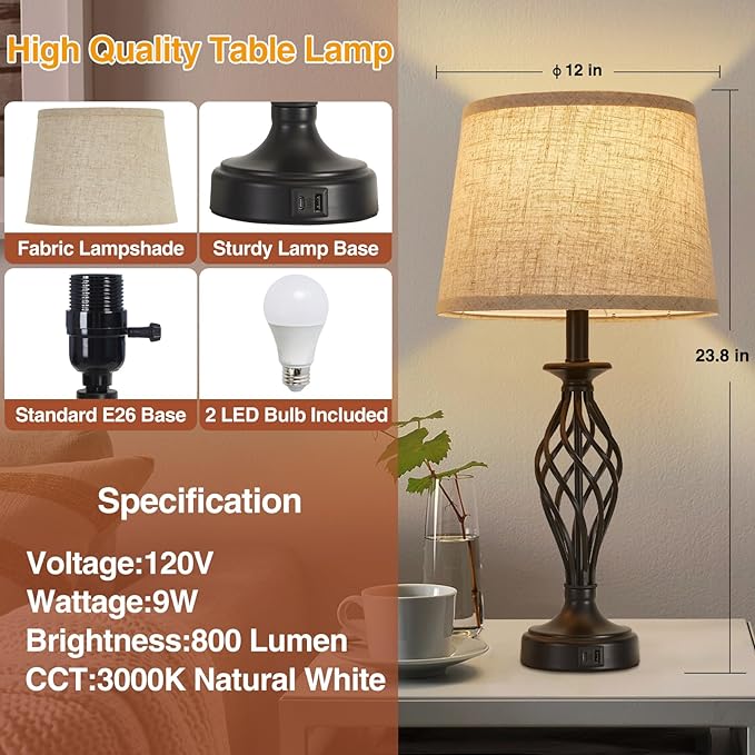Table Lamp for Bedroom Set of 2 with USB C+A Ports, Modern Bedside Lamps with Spiral Cage Base, Fabric Shade, Nightstand Lamp for Living Room Reading Bed Side End Table, 2 LED Bulbs Included Black - LeafyLoom