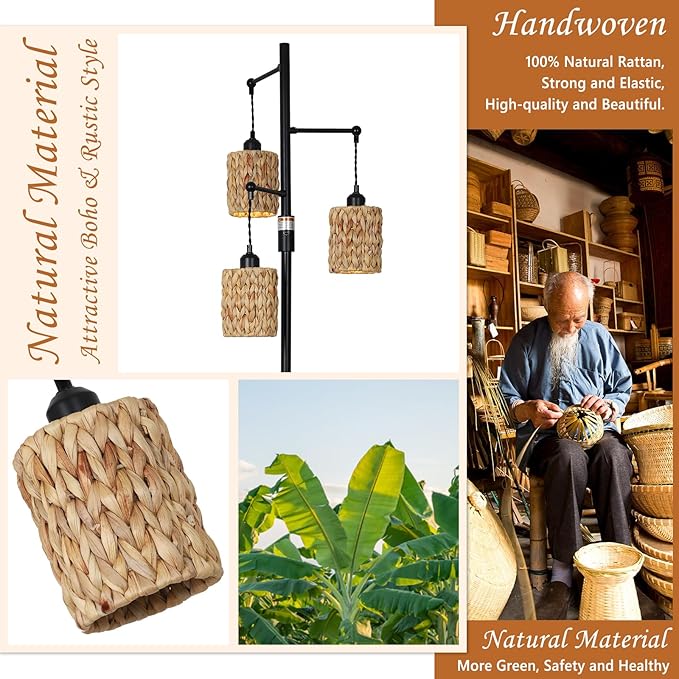 Rattan Floor Lamp, 3-Lights Boho Floor Lamp with Stepless Dimmer, Farmhouse Rustic Floor Lamps for Living Room, Tall Floor Lamp with Rattan Shades, Dimmable Standing Lamp for Bedroom - LeafyLoom