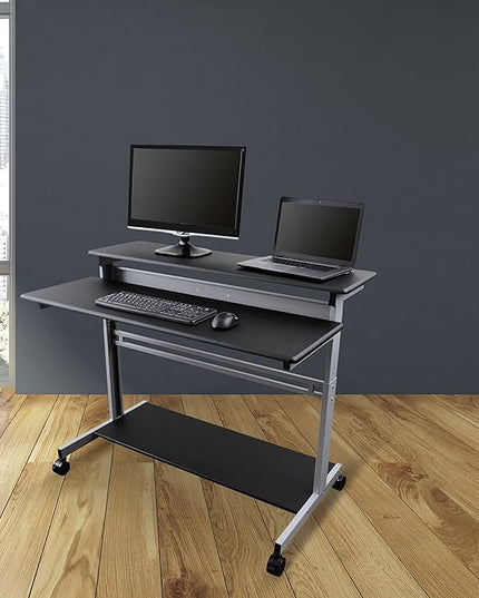 Stand Up Desk Store Rolling Adjustable Height Two Tier Standing Desk Computer Workstation (Silver Frame/Black Top, 48" Wide) - LeafyLoom