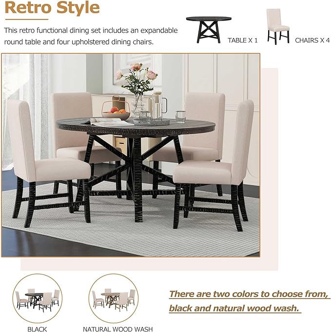 5-Piece Retro Wooden Round Extendable Dining Table Set with 4 Upholstered Chairs for Dinette Room and Kitchen (42", Black), 42"-58" L x 42" W x 30" H - LeafyLoom